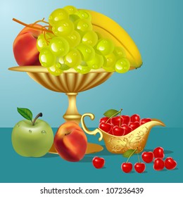 fruits banana,cherry, apple and vase