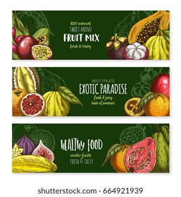 Fruits banners of exotic figs, passion fruit or guava and feijoa or carambola star fruit for menu. Vector mix of exotic durian, papaya or dragon fruit pithaya and tropical lychee or rambutan