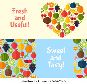 Fruits banners in flat style. Colorful template for cooking, restaurant menu and vegetarian food
