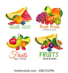 Fruits banners. Vector Design Healthy Food. Raspberries, Strawberries, Grapes, Currants and Blueberries. Lemon, Peach, Apple or Pear. Orange or Watermelon , Avocado and Melon