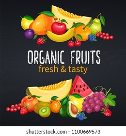 Fruits banners. Vector Design Healthy Food. Orange or Watermelon , Avocado and Melon. Raspberries, Strawberries, Grapes, Currants and Blueberries. Lemon, Peach, Apple or Pear. Orange or Watermelon
