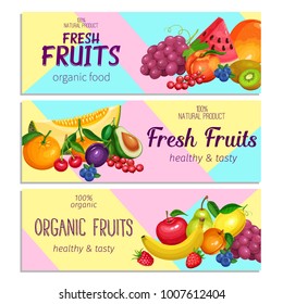 Fruits banners. Vector Memphis Design Healthy Food. Raspberries, Strawberries, Grapes, Currants and Blueberries. Lemon, Peach, Apple or Pear. Orange or Watermelon , Avocado and Melon