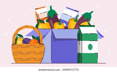 Fruits in a basket and boxes, on a soft pastel background, portraying a concept of food delivery. Flat vector illustration