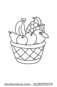 Fruits in a basket. Coloring page. Simple vector illustration.