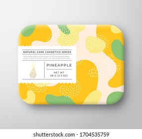Fruits Bath Cosmetics Box. Vector Wrapped Paper Container with Care Label Cover. Packaging Design. Modern Typography and Hand Drawn Pineapple. Abstract Camo Background Pattern Layout. Isolated.