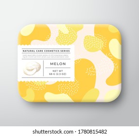 Fruits Bath Cosmetics Box. Vector Wrapped Paper Container with Care Label Cover. Packaging Design. Modern Typography and Hand Drawn Melon. Abstract Camo Background Pattern Layout. Isolated.