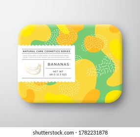 Fruits Bath Cosmetics Box. Vector Wrapped Paper Container With Care Label Cover. Packaging Design. Modern Typography And Hand Drawn Bananas. Abstract Camo Background Pattern Layout. Isolated.