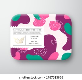 Fruits Bath Cosmetics Box. Vector Wrapped Paper Container with Care Label Cover. Packaging Design. Modern Typography and Hand Drawn Dragon Fruits. Abstract Camo Background Pattern Layout. Isolated.