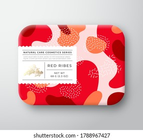 Fruits Bath Cosmetics Box. Vector Wrapped Paper Container with Care Label Cover. Packaging Design. Modern Typography and Hand Drawn Red Ribes Berries. Camo Background Pattern Layout. Isolated.