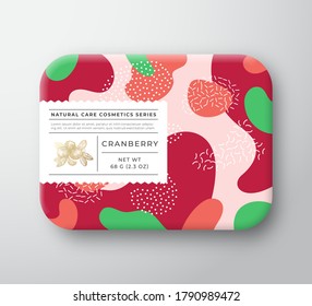 Fruits Bath Cosmetics Box. Vector Wrapped Paper Container with Care Label Cover. Packaging Design. Modern Typography and Hand Drawn Cranberry Berries. Camo Background Pattern Layout. Isolated.