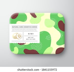 Fruits Bath Cosmetics Box. Vector Wrapped Paper Container with Care Label Cover. Packaging Design. Modern Typography and Hand Drawn Kiwi. Abstract Camo Background Pattern Layout. Isolated.