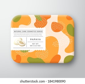 Fruits Bath Cosmetics Box. Vector Wrapped Paper Container with Care Label Cover. Packaging Design. Modern Typography and Hand Drawn Papaya. Abstract Camo Background Pattern Layout. Isolated.