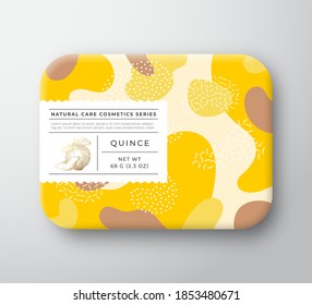 Fruits Bath Cosmetics Box. Vector Wrapped Paper Container with Care Label Cover. Packaging Design. Modern Typography and Hand Drawn Apple Quince. Abstract Camo Background Pattern Layout. Isolated.