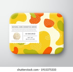 Fruits Bath Cosmetics Box. Vector Wrapped Paper Container with Care Label Cover. Packaging Design. Modern Typography and Hand Drawn Kiwano. Abstract Camo Background Pattern Layout. Isolated.