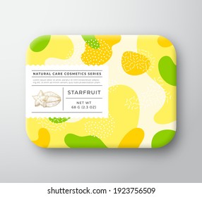 Fruits Bath Cosmetics Box. Vector Wrapped Paper Container with Care Label Cover. Packaging Design. Modern Typography and Hand Drawn Starfruit. Abstract Camo Background Pattern Layout. Isolated.