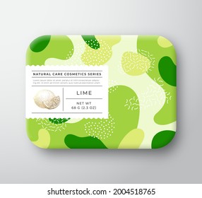 Fruits Bath Cosmetics Box. Vector Wrapped Paper Container with Care Label Cover. Packaging Design. Modern Typography and Hand Drawn Lime with Slice. Abstract Camo Background Pattern Layout. Isolated.