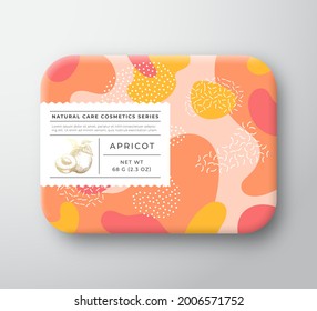 Fruits Bath Cosmetics Box. Vector Wrapped Paper Container with Care Label Cover. Packaging Design. Modern Typography and Hand Drawn Apricots Sketch. Abstract Camo Background Pattern Layout. Isolated.