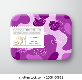 Fruits Bath Cosmetics Box. Vector Wrapped Paper Container with Care Label Cover. Packaging Design. Modern Typography and Hand Drawn Plums Sketch. Abstract Camo Background Pattern Layout. Isolated.