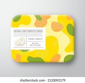 Fruits Bath Cosmetics Box. Vector Wrapped Paper Container with Care Label Cover. Packaging Design. Modern Typography and Hand Drawn Yuzu Fruit. Abstract Camo Background Pattern Layout. Isolated