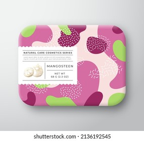 Fruits Bath Cosmetics Box. Vector Wrapped Paper Container with Care Label Cover. Packaging Design. Modern Typography and Hand Drawn Mangosteen Fruit. Abstract Camo Background Pattern Layout. Isolated