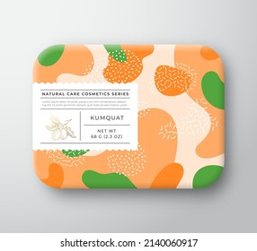 Fruits Bath Cosmetics Box. Vector Wrapped Paper Container with Care Label Cover. Packaging Design. Modern Typography and Hand Drawn Kumquat. Abstract Camo Background Pattern Layout. Isolated