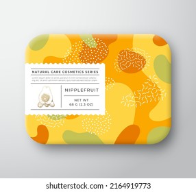 Fruits Bath Cosmetics Box. Vector Wrapped Paper Container with Care Label Cover. Packaging Design. Modern Typography and Hand Drawn Nipplefruit. Abstract Camo Background Pattern Layout. Isolated