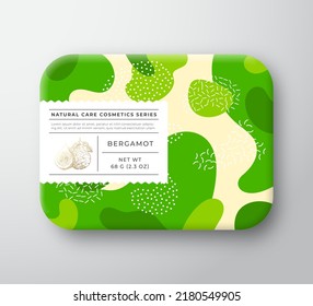 Fruits Bath Cosmetics Box. Vector Wrapped Paper Container with Care Label Cover. Packaging Design. Modern Typography and Hand Drawn Bergamot. Abstract Camo Background Pattern Layout. Isolated
