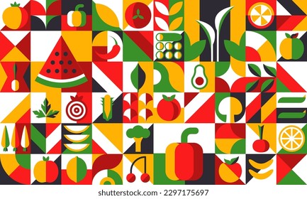 Fruits Bauhaus modern geometric pattern background, vector modern tile. Geometric shape fruits, plants and vegetables in Bauhaus pattern of watermelon, carrot and banana with orange and pepper