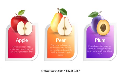 Fruit's benefits. Red apple, pear, plum