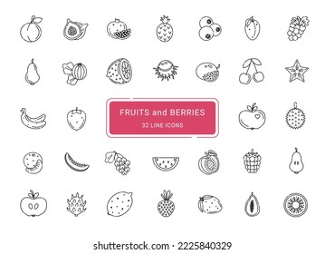 Fruits and berries, 32 cute line vector icons