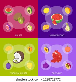 Fruits and Berries 3d Banner Set Isometric View Whole and Slices Raw Ripe Fruit. Vector illustration of Icon
