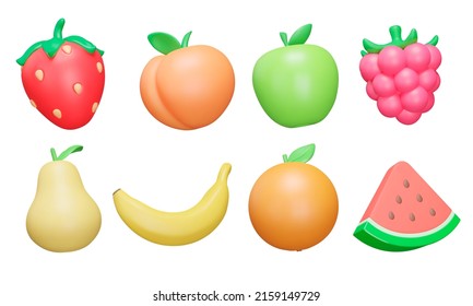Fruits and berries 3d icon set. Strawberry, peach, apple, raspberry, pear, banana, orange, watermelon. Isolated icons, objects on a transparent background