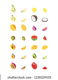 Fruits and Berries 3d Icons Order Set Isometric View Whole and Slices Raw Ripe Fruit. Vector illustration of Icon
