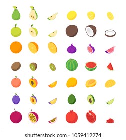 Fruits and Berries 3d Icons Set Isometric View Whole and Slices Raw Ripe Fruit. Vector illustration of Icon