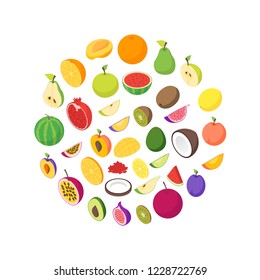 Fruits and Berries 3d Round Design Template Ad Isometric View Whole and Slices Raw Ripe Fruit. Vector illustration of Icon