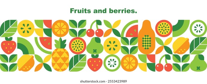 Fruits and berries abstract geometric design. Banner template. Organic food. Seamless pattern in modern flat style. Elements isolated on white background. Set of simple icons. Vector illustration.