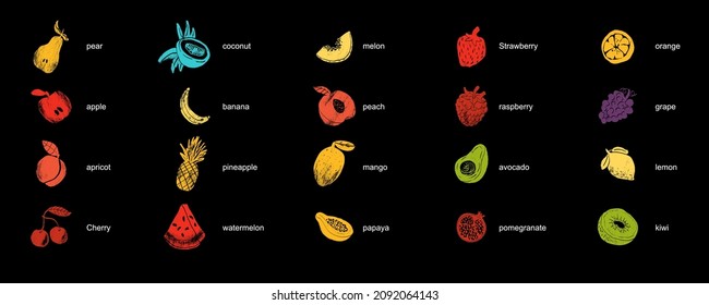 Fruits and berries abstract illustration. Flat vector. Vegetable icons, drawn style.