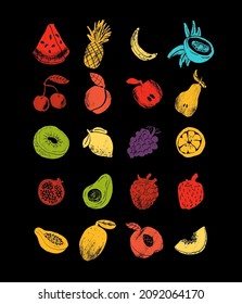 Fruits and berries abstract illustration. Flat vector. Vegetable icons, drawn style.