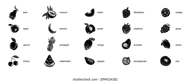 Fruits and berries abstract illustration. Flat vector. Fruit icons, drawn white and black style.