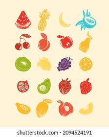 Fruits and berries abstract illustration. Flat vector. Fruit icons, drawn style.