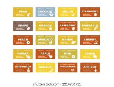 Fruits and berries abstract stickers and labels. Different color packaging for food preparing and culinary. Bags with fruit. mango, cherry, papaya, apple, banana organic product for selling vector set
