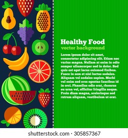 Fruits and berries background in flat style. Colorful template for market, restaurant menu and shops. Vector illustration of diet and organic food