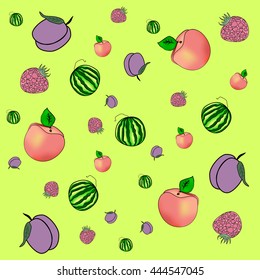 Fruits and berries. Background of watermelon plum raspberry peach and apricot