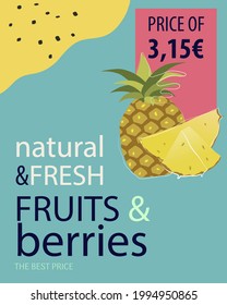 Fruits and berries banner with a drawn pinneaple with slices. Flat style, trendy and minimal design. Suitable for offers, sales, prices tag, commerce, marketing, ads, flyers...Colorful blue background