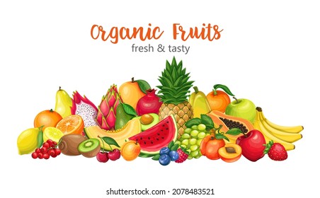 Banner de frutas y bayas, ilustración vectorial. Composiciones de Pitaya, granada, frambuesas, fresas, uvas, grosellas y arándanos. Limón, melocotón, manzana, sandía naranja y aguacate