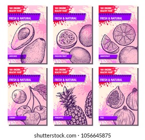 Fruits and berries banners set. Hand drawn avocado, passion fruit, grapefruit, cherry, pineapple, figs. Template for your design works. Vector illustration.