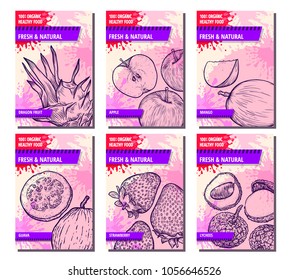 Fruits and berries banners set. Hand drawn dragon fruit, apple, mango, guava, strawberry, lychees. Template for your design works. Vector illustration.