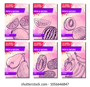 Fruits and berries banners set. Hand drawn lemon, watermelon, kiwi, pear, date fruit, banana. Template for your design works. Vector illustration.