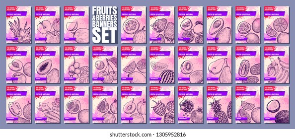 Fruits and berries banners set. Template for your design works. Vector illustration.