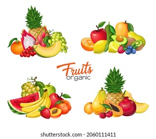 Fruits and berries banners, vector illustration. Compositions of Pitaya, pomegranate, raspberries, strawberries, grapes, currants and blueberries . Lemon, peach, apple, orange watermelon and avocado